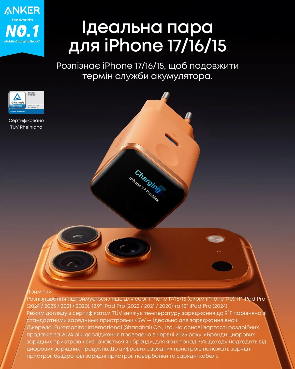 Мережевий зарядний пристрій Anker Nano Charger 45W USB-C Smart Display Orange (A121DGO1) - мініатюра 2
