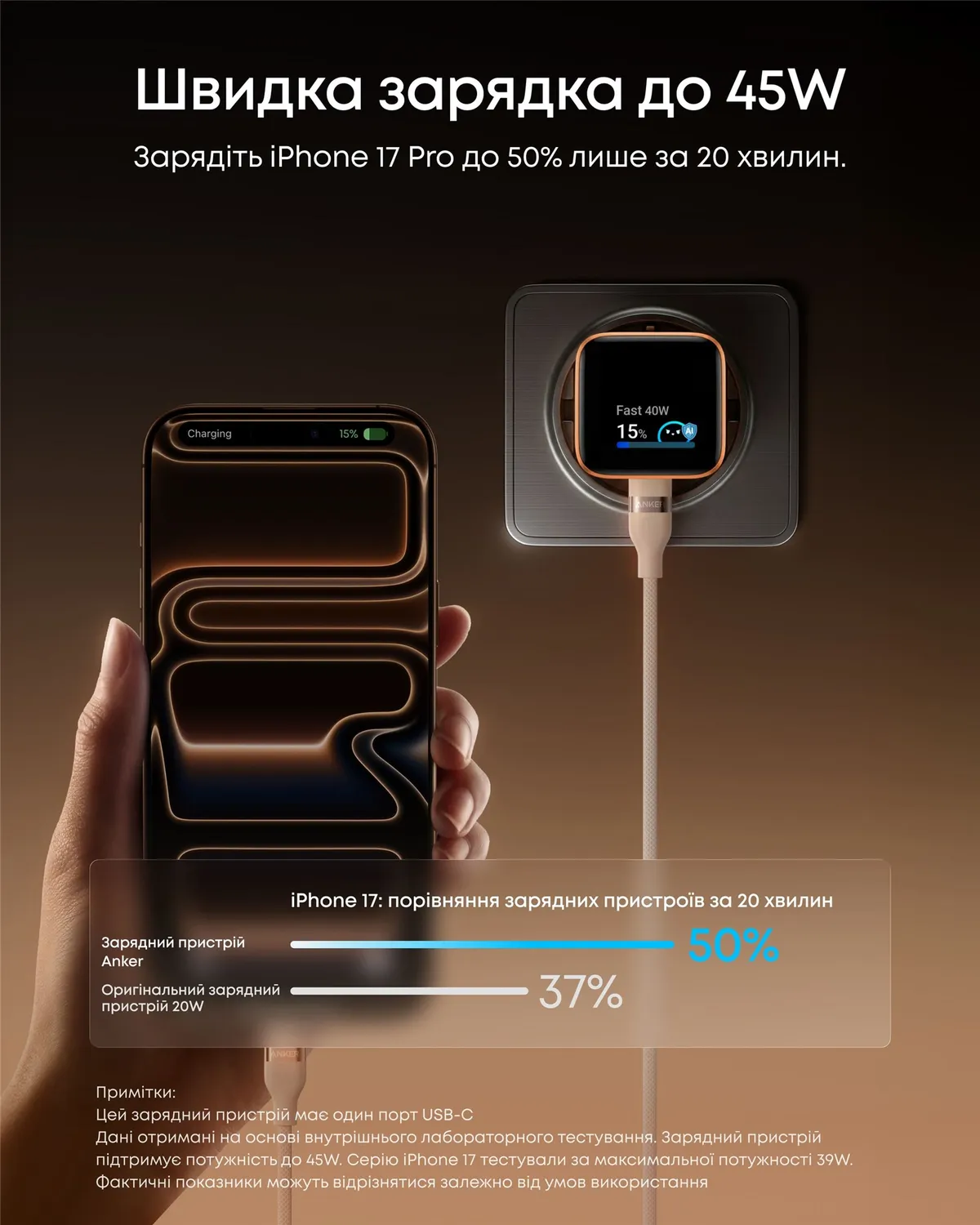Мережевий зарядний пристрій Anker Nano Charger 45W USB-C Smart Display Orange (A121DGO1) - мініатюра 3