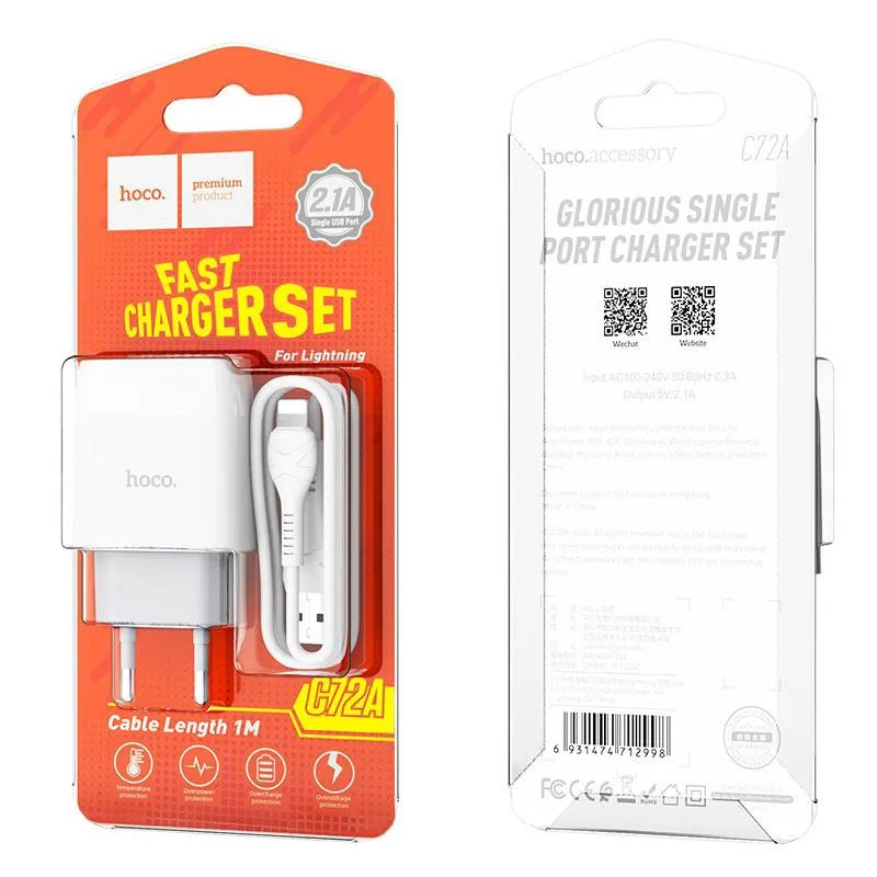 Зарядний пристрій Hoco C72A Glorious (1USB, 2.1А) White (6931474712998) + кабель Lightning - мініатюра 6