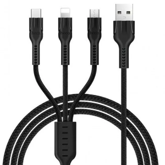 Кабель Hoco U31 Benay 3in1 USB - Lightning/micro USB/USB-C, 1.2 м, Black (K17892) - зображення 1