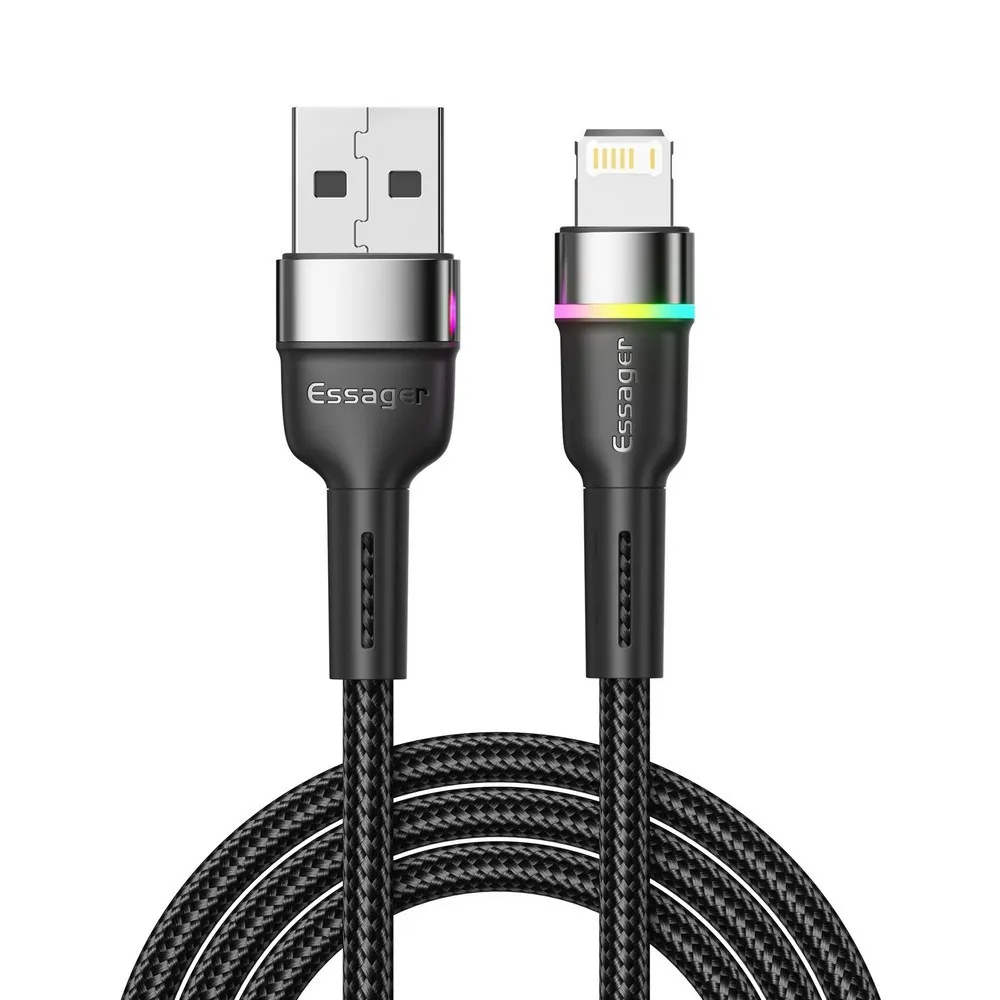 Кабель Essager Colorful LED USB - Lightning (M/M), 2.4A, 2 м Black (EXCL-XCDA01) - зображення 1