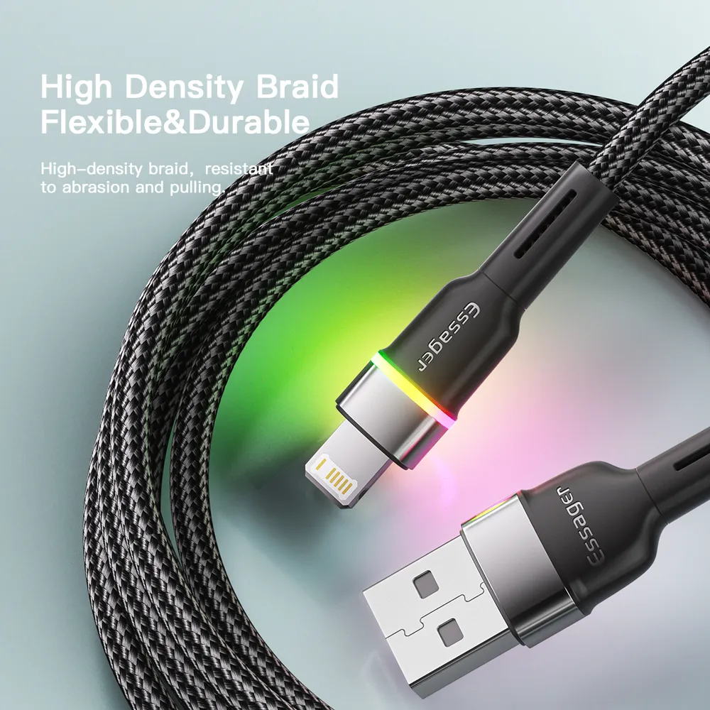 Кабель Essager Colorful LED USB - Lightning (M/M), 2.4A, 2 м Black (EXCL-XCDA01) - мініатюра 10