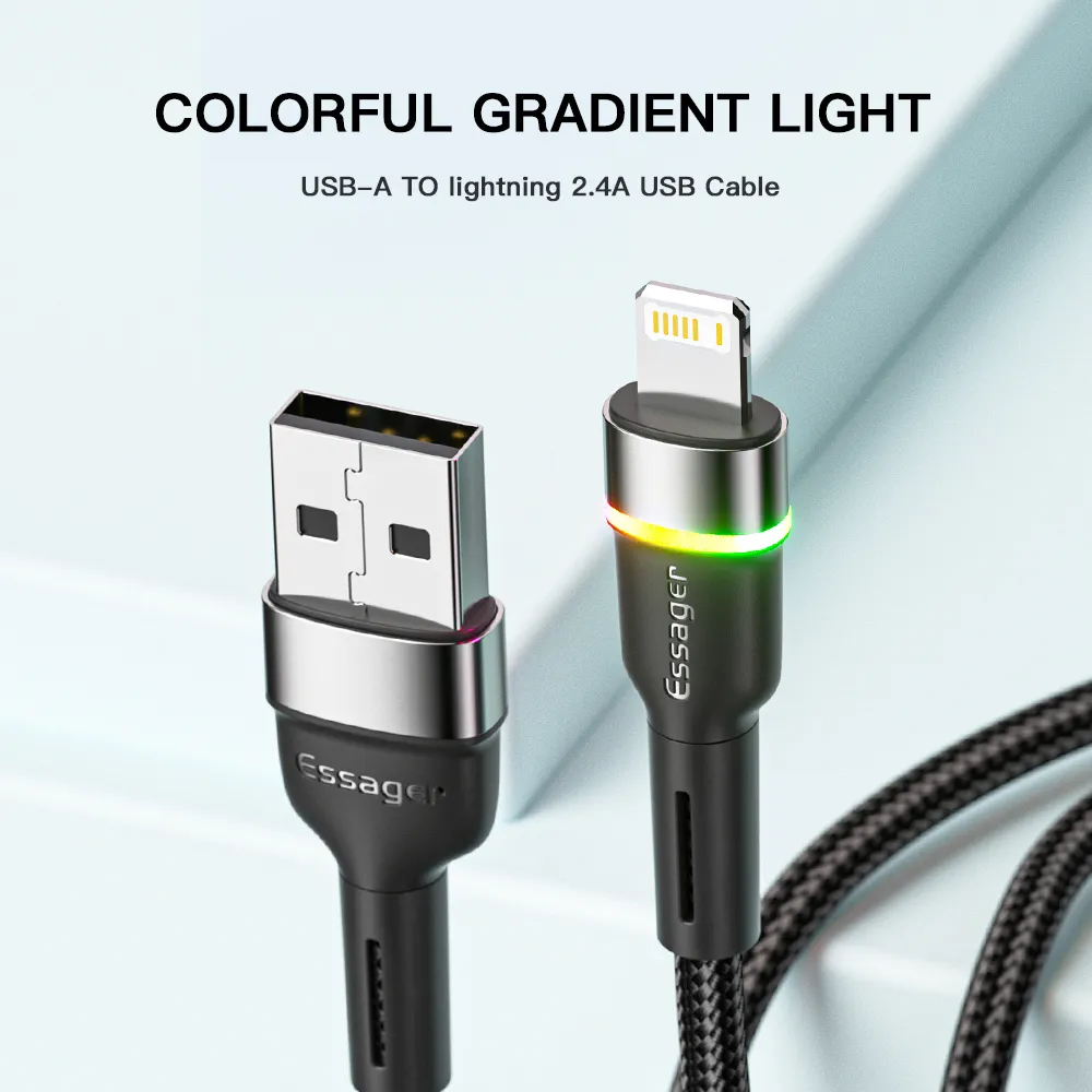 Кабель Essager Colorful LED USB - Lightning (M/M), 2.4A, 2 м Black (EXCL-XCDA01) - мініатюра 3