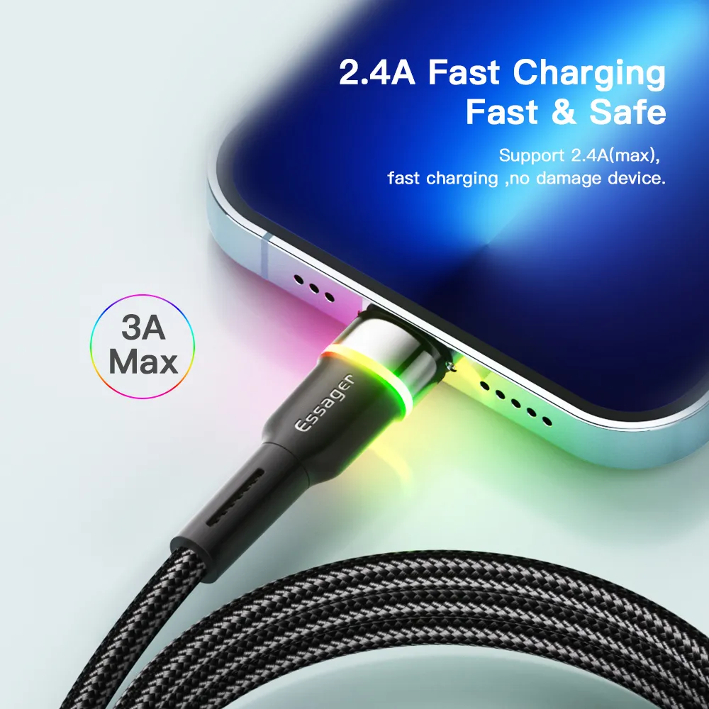 Кабель Essager Colorful LED USB - Lightning (M/M), 2.4A, 2 м Black (EXCL-XCDA01) - мініатюра 4