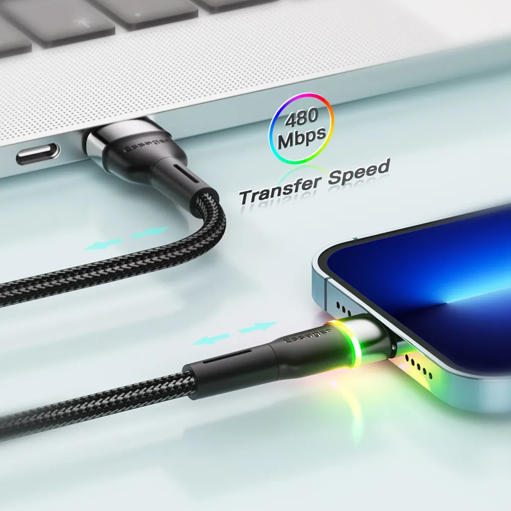 Кабель Essager Colorful LED USB - Lightning (M/M), 2.4A, 2 м Black (EXCL-XCDA01) - мініатюра 6