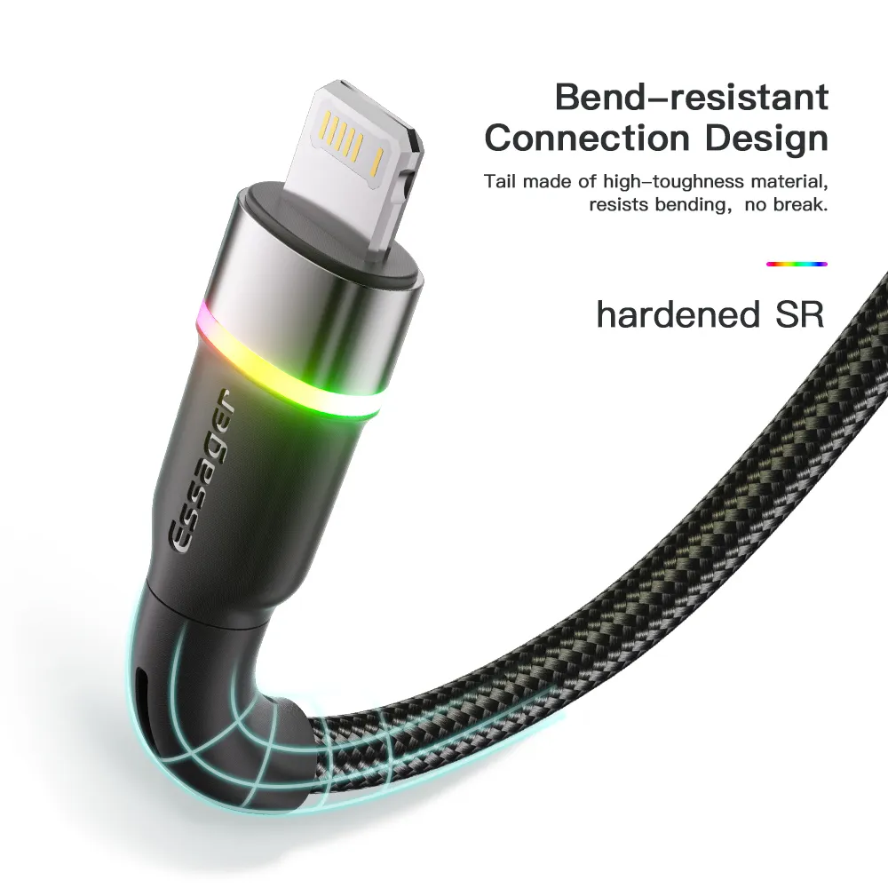 Кабель Essager Colorful LED USB - Lightning (M/M), 2.4A, 2 м Black (EXCL-XCDA01) - мініатюра 8