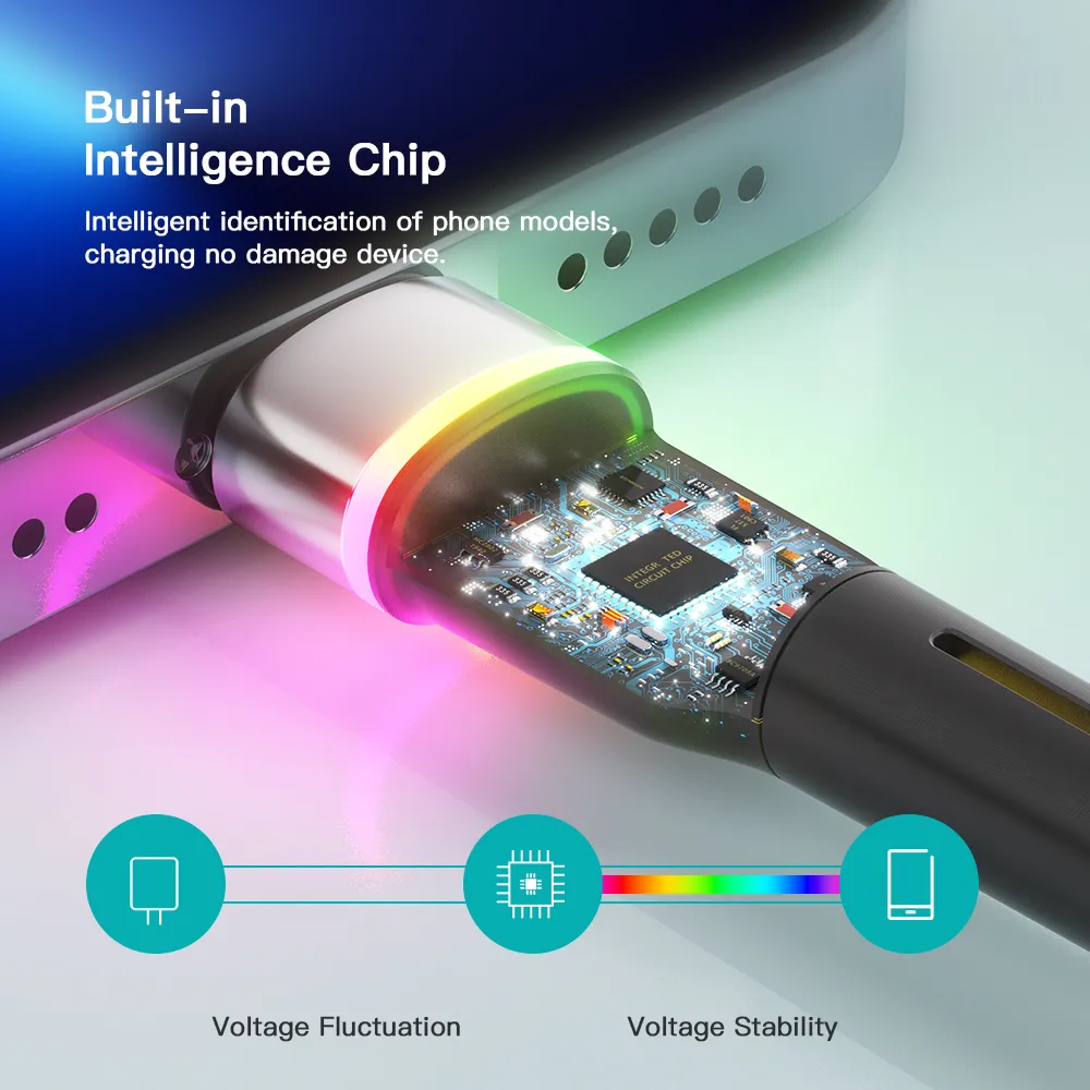 Кабель Essager Colorful LED USB - Lightning (M/M), 2.4A, 2 м Black (EXCL-XCDA01) - мініатюра 9