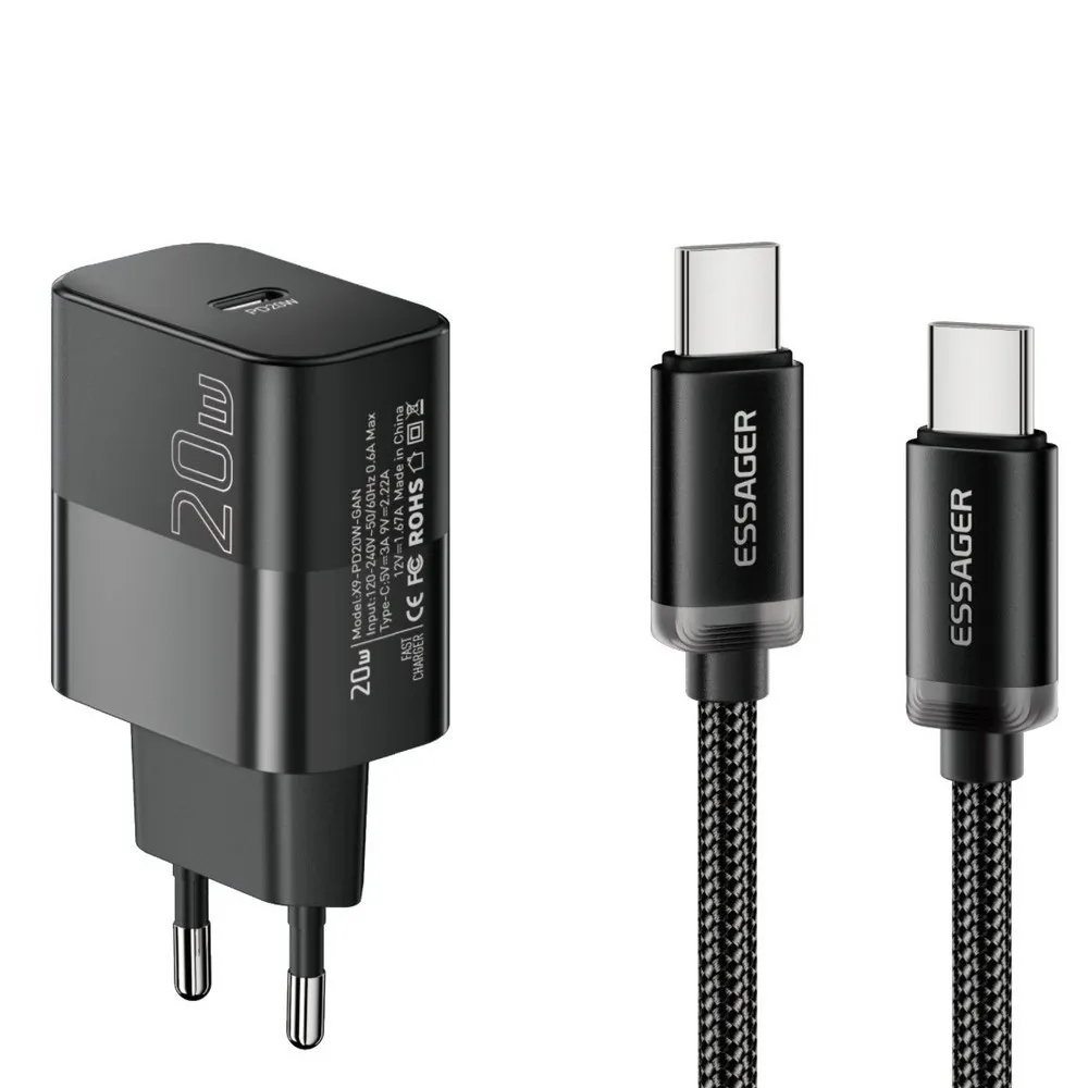 Мережевий зарядний пристрій Essager Travel Charger 20W USB-C Black (E20JSB1-SYTT1-T) + кабель USB Type-C - зображення 1
