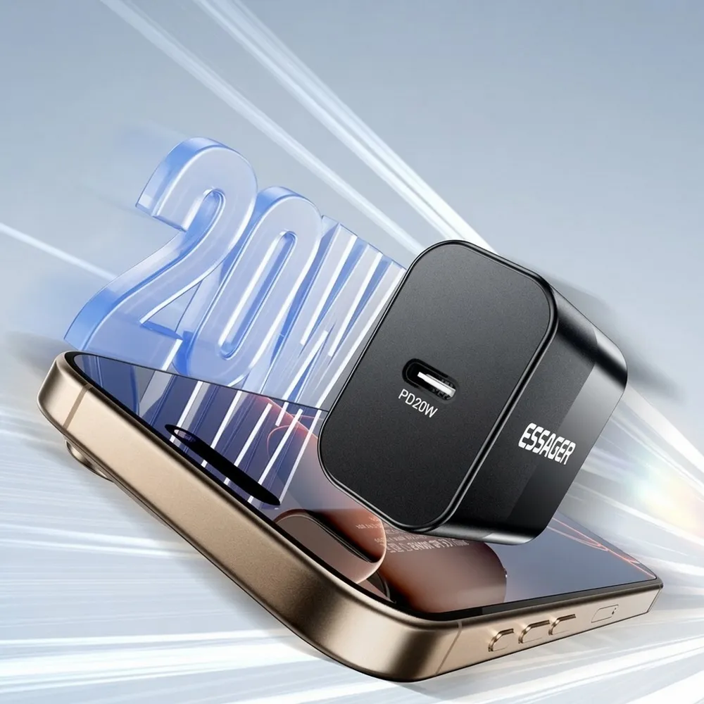 Мережевий зарядний пристрій Essager Travel Charger 20W USB-C Black (E20JSB1-SYTT1-T) + кабель USB Type-C - мініатюра 5