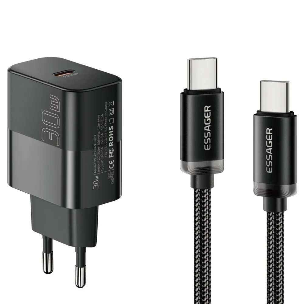 Мережевий зарядний пристрій Essager Travel Charger 30W USB-C Black (E30JSB1-SYTT1-T) + кабель USB Type-C - зображення 1