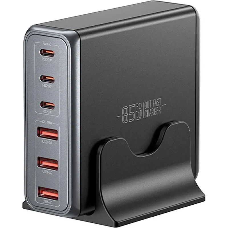 Мережевий зарядний пристрій Essager Engine 85W GaN (3xUSB-A, 3xUSB-C) Black (EZC85W-SXB0G-Z) - зображення 1