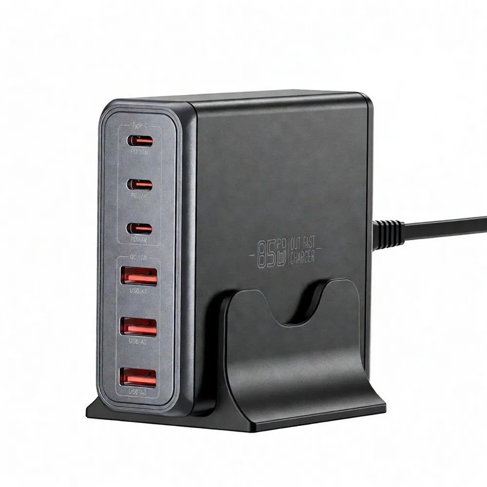 Мережевий зарядний пристрій Essager Engine 85W GaN (3xUSB-A, 3xUSB-C) Black (EZC85W-SXB0G-Z) - мініатюра 4