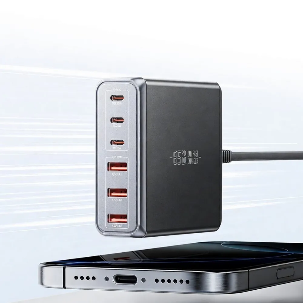 Мережевий зарядний пристрій Essager Engine 85W GaN (3xUSB-A, 3xUSB-C) Black (EZC85W-SXB0G-Z) - мініатюра 6