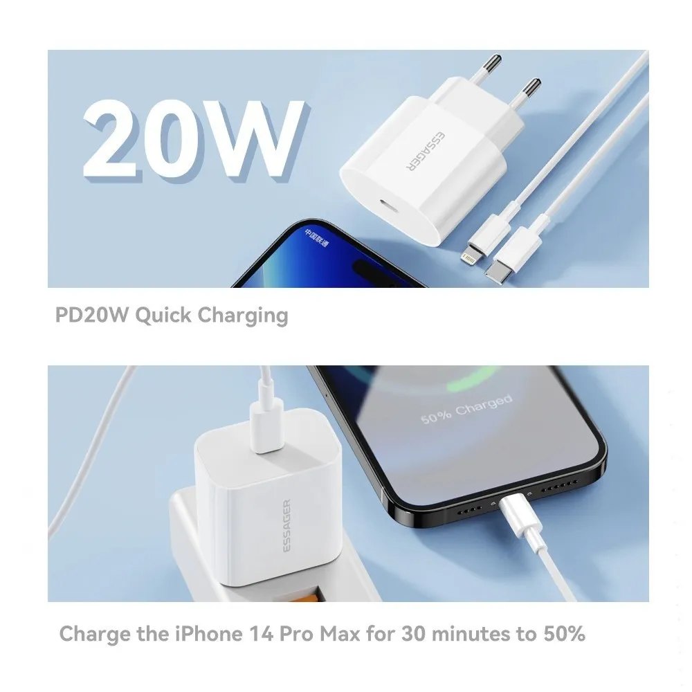 Мережевий зарядний пристрій Essager Vanjane 20W USB-C White (EFJB02-XBL02-T) + кабель Lightning - мініатюра 5