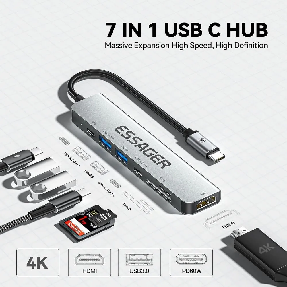 USB-хаб Essager QingHong 7 in 1 USB-C Hub (EHB07-QH0G-Z) - мініатюра 2