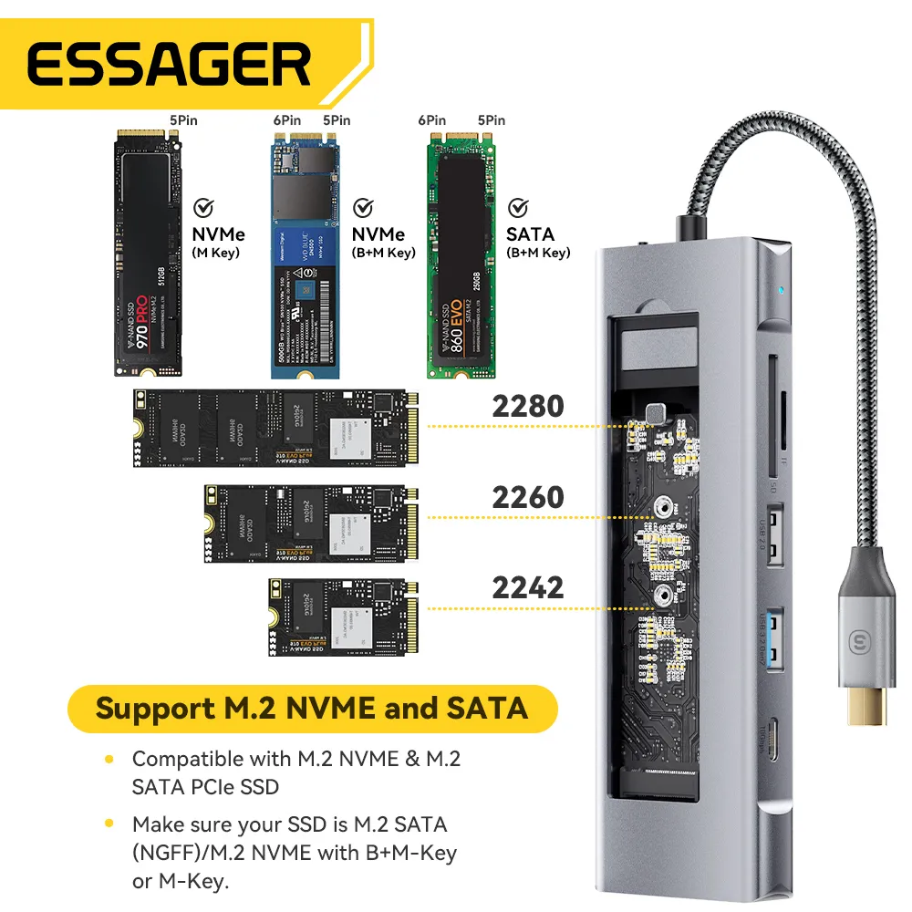 USB-хаб Essager 8 in 1 USB-C Hub with 10Gbps M.2 NVMe SSD Enclosure (EHB08-QK0G-Z) - мініатюра 10