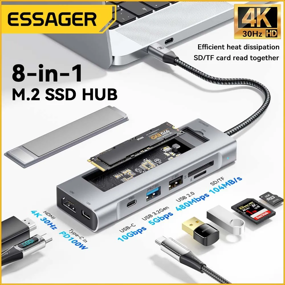 USB-хаб Essager 8 in 1 USB-C Hub with 10Gbps M.2 NVMe SSD Enclosure (EHB08-QK0G-Z) - мініатюра 2