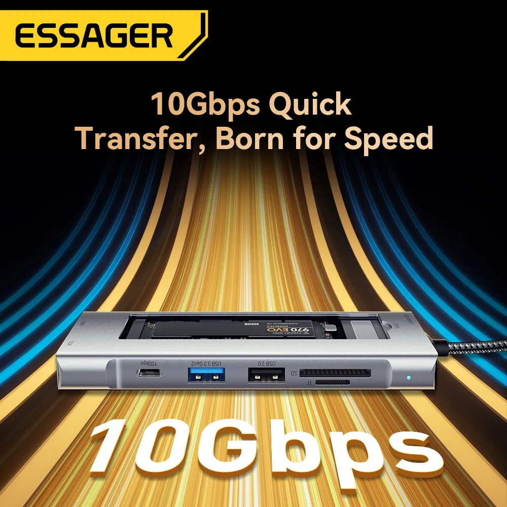 USB-хаб Essager 8 in 1 USB-C Hub with 10Gbps M.2 NVMe SSD Enclosure (EHB08-QK0G-Z) - мініатюра 4