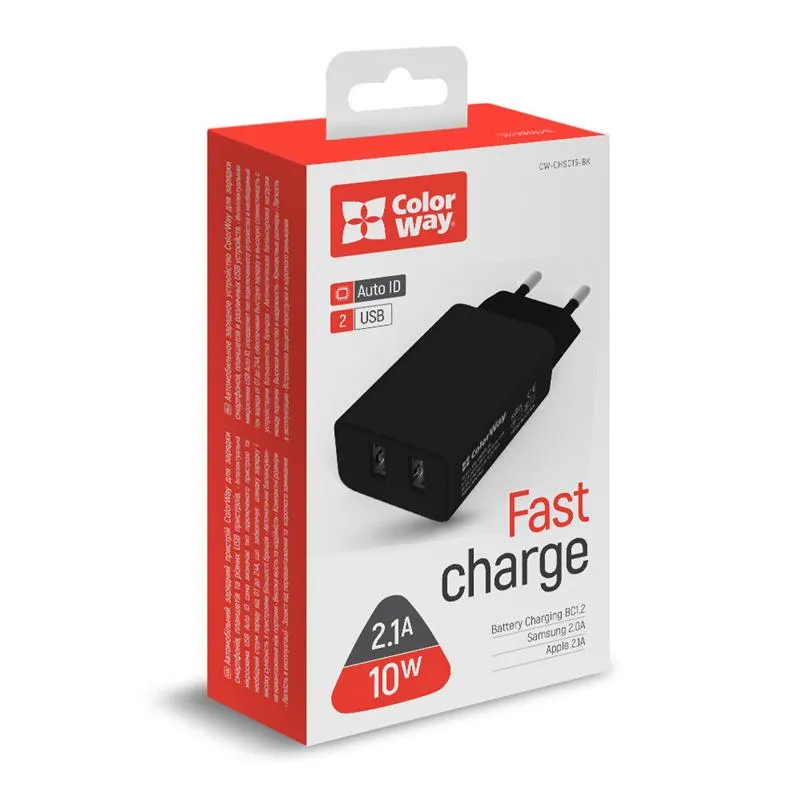 Мережевий зарядний пристрій ColorWay (2USB;2.1A) Black (CW-CHS015-BK) - мініатюра 5