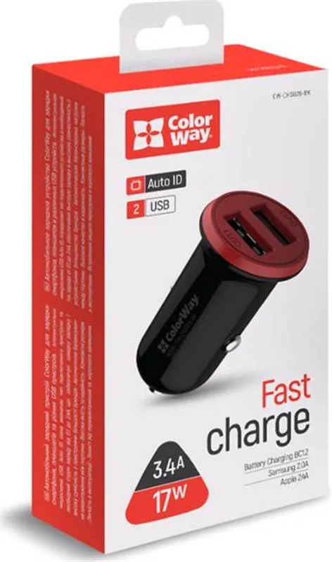 Автомобільний зарядний пристрій ColorWay (2USB,3.4A, 17W) Red/Black (CW-CHA026-BK) - мініатюра 6