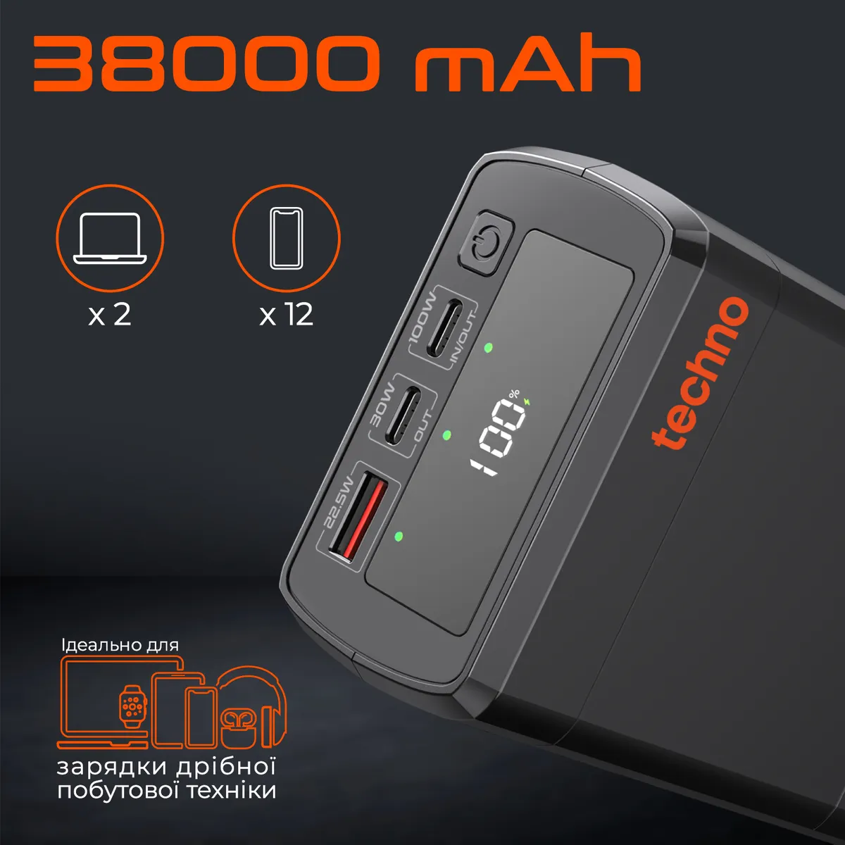 Універсальна мобільна батарея Techno PDC130 38000mAh PD 130W QC 3.0 Black - мініатюра 2
