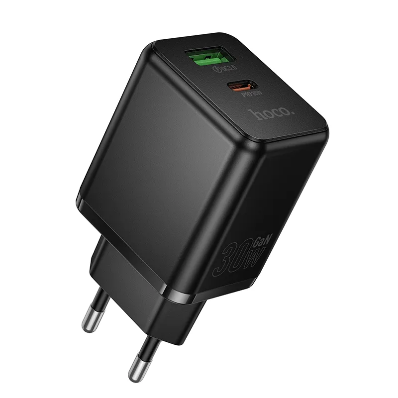 Мережевий зарядний пристрій HOCO C157A Smart PD30W+QC3.0 multi-protocol charger(EU) Black - зображення 1