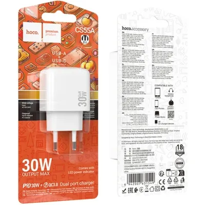 Мережевий зарядний пристрій HOCO CS55A Surplus PD30W+QC3.0 charger White - мініатюра 7