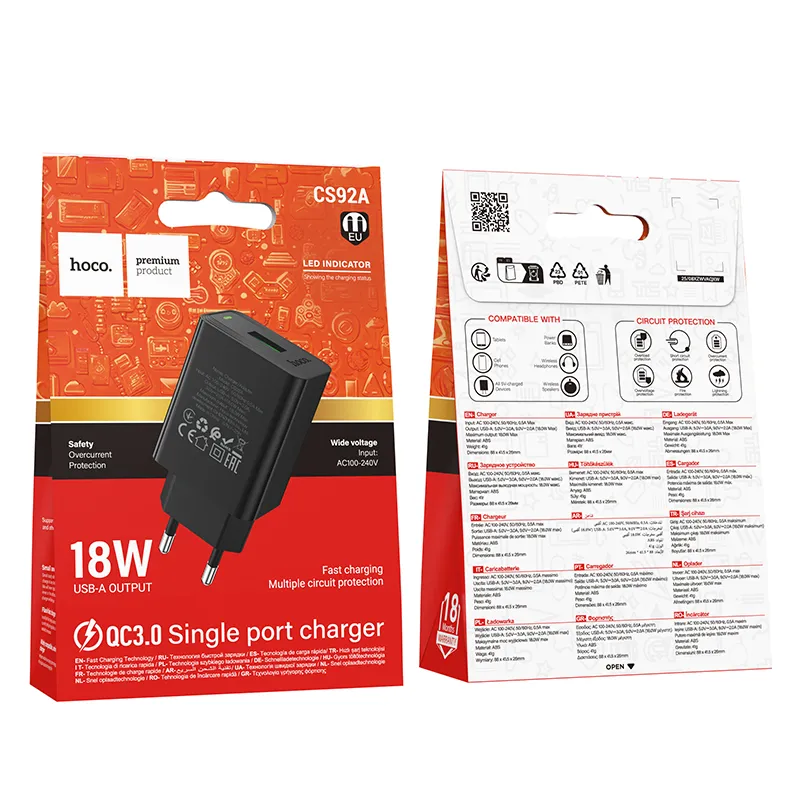Мережевий зарядний пристрій HOCO CS92A Leader single port QC3.0 charger(EU) Black - мініатюра 2