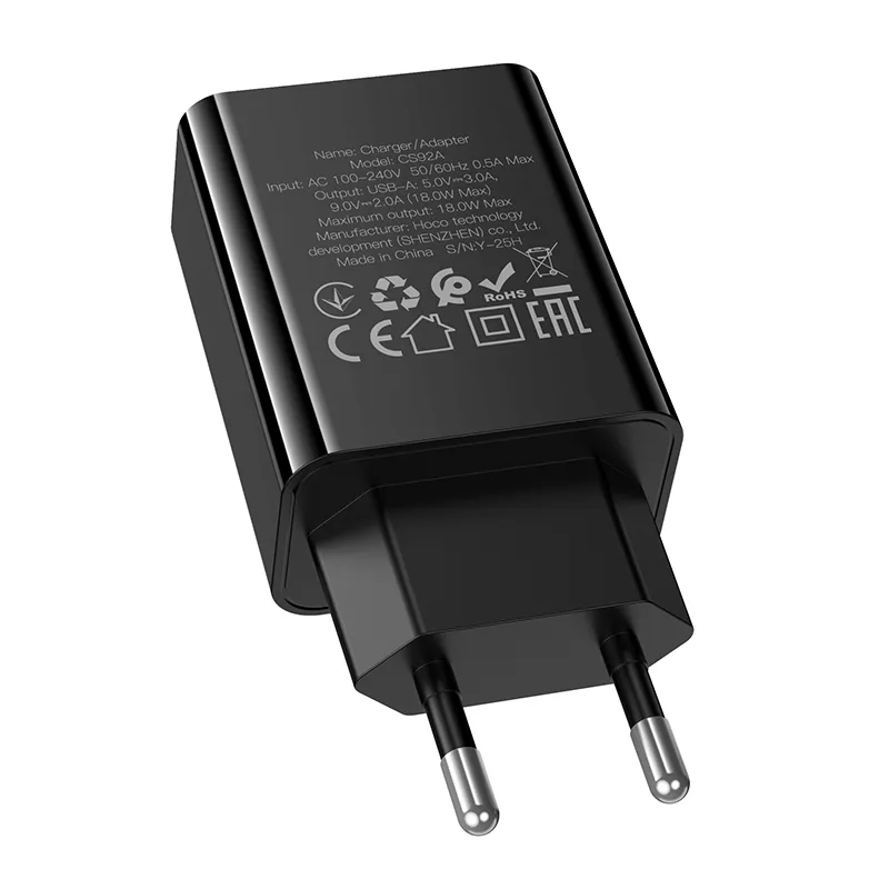 Мережевий зарядний пристрій HOCO CS92A Leader single port QC3.0 charger(EU) Black - мініатюра 7
