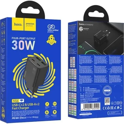 Мережевий зарядний пристрій HOCO N56 Fundador four-port PD30W(2C2A) charger(EU) Black - мініатюра 4