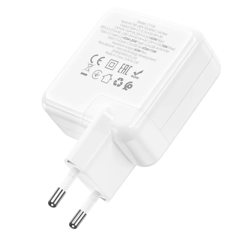 Мережевий зарядний пристрій HOCO C115A Header PD65W  GaN three-port(2C1A) charger White - мініатюра 6