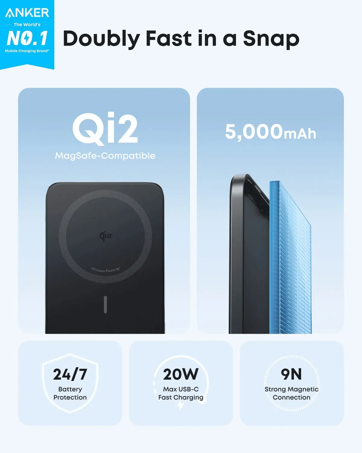 Універсальна мобільна батарея Anker Nano MagGo Slim 5000mAh 20W Black (A1665H11) - мініатюра 4