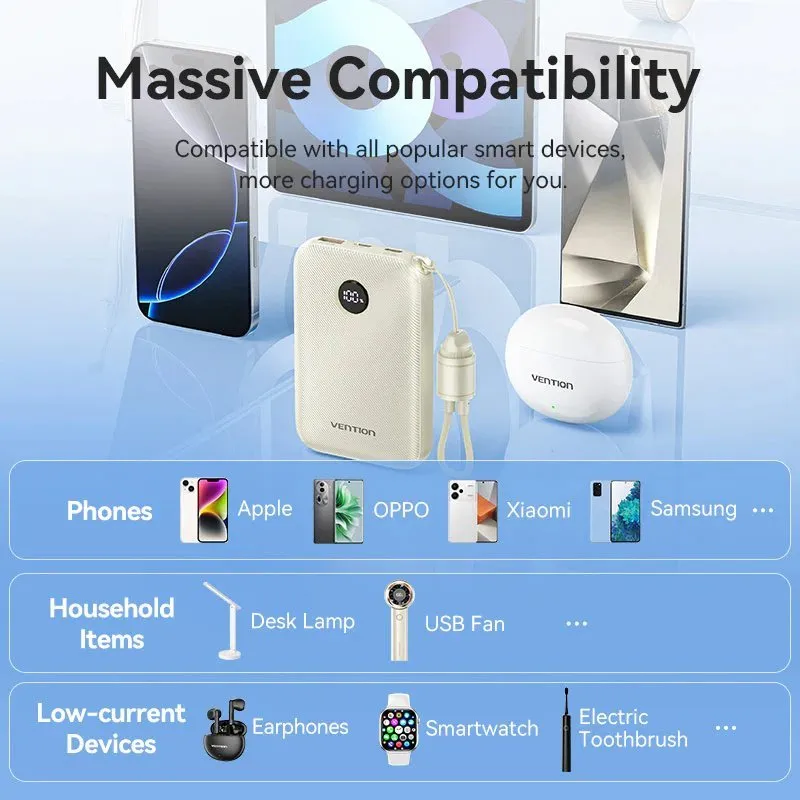 УМБ Vention 10000mAh 22,5W Fast Charging, USB-A, 2xUSB-C Blue - мініатюра 10