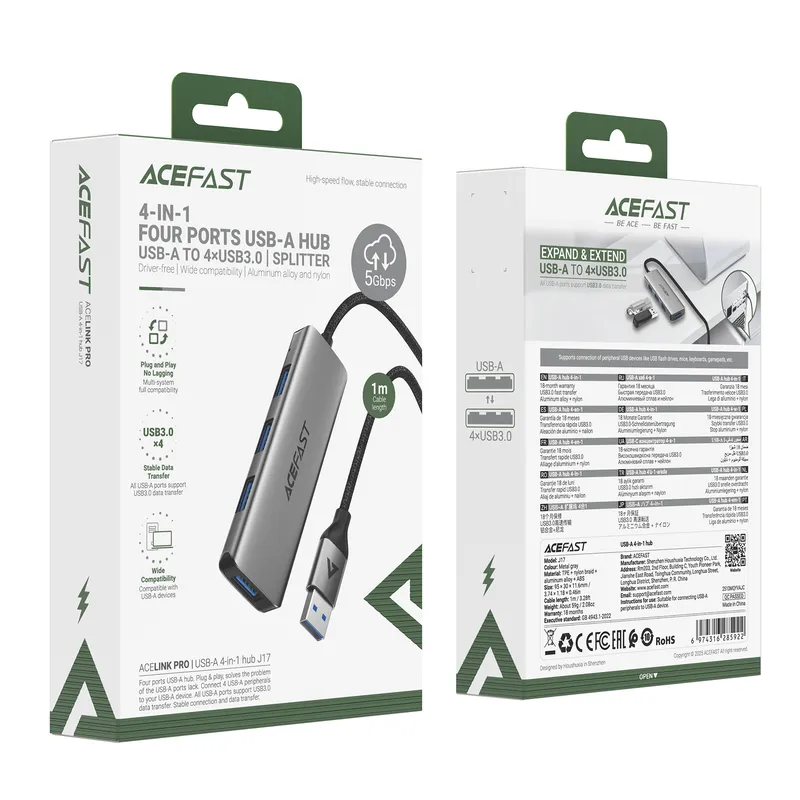 USB-хаб ACEFAST J17 USB-A  4-in-1 HUB Metal Gray - мініатюра 2
