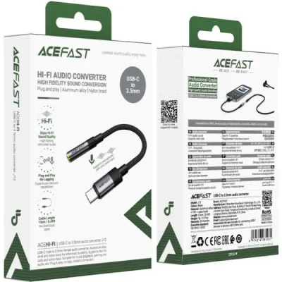 Аудіокабель ACEFAST J12 Type-C to 3.5mm female, nylon braid, 0,15m, Black - мініатюра 4