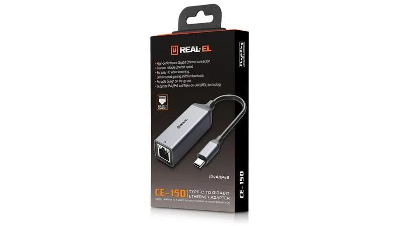Мережевий адаптер REAL-EL CE-150 USB Type-C - RJ45 (M/F), 0.1 м, Black (EL123110004) - мініатюра 4