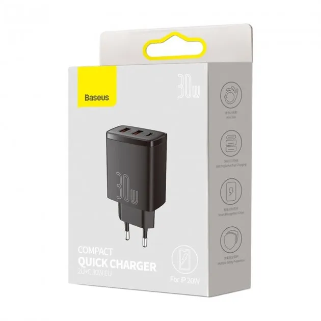 Мережевий зарядний пристрій Baseus Compact Quick Charger 30W QC+ PD (1Type-C + 2USB) Black (CCXJ-E01) - мініатюра 5