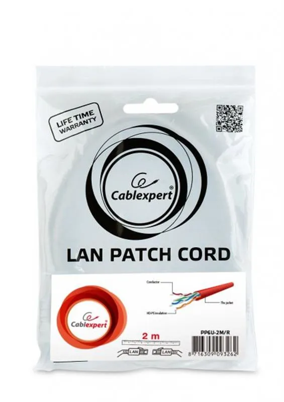 Патч-корд UTP Cablexpert (PP6U-2M/R) cat.6, літий, 50u штекер із засувкою, 2 м, червоний - мініатюра 3