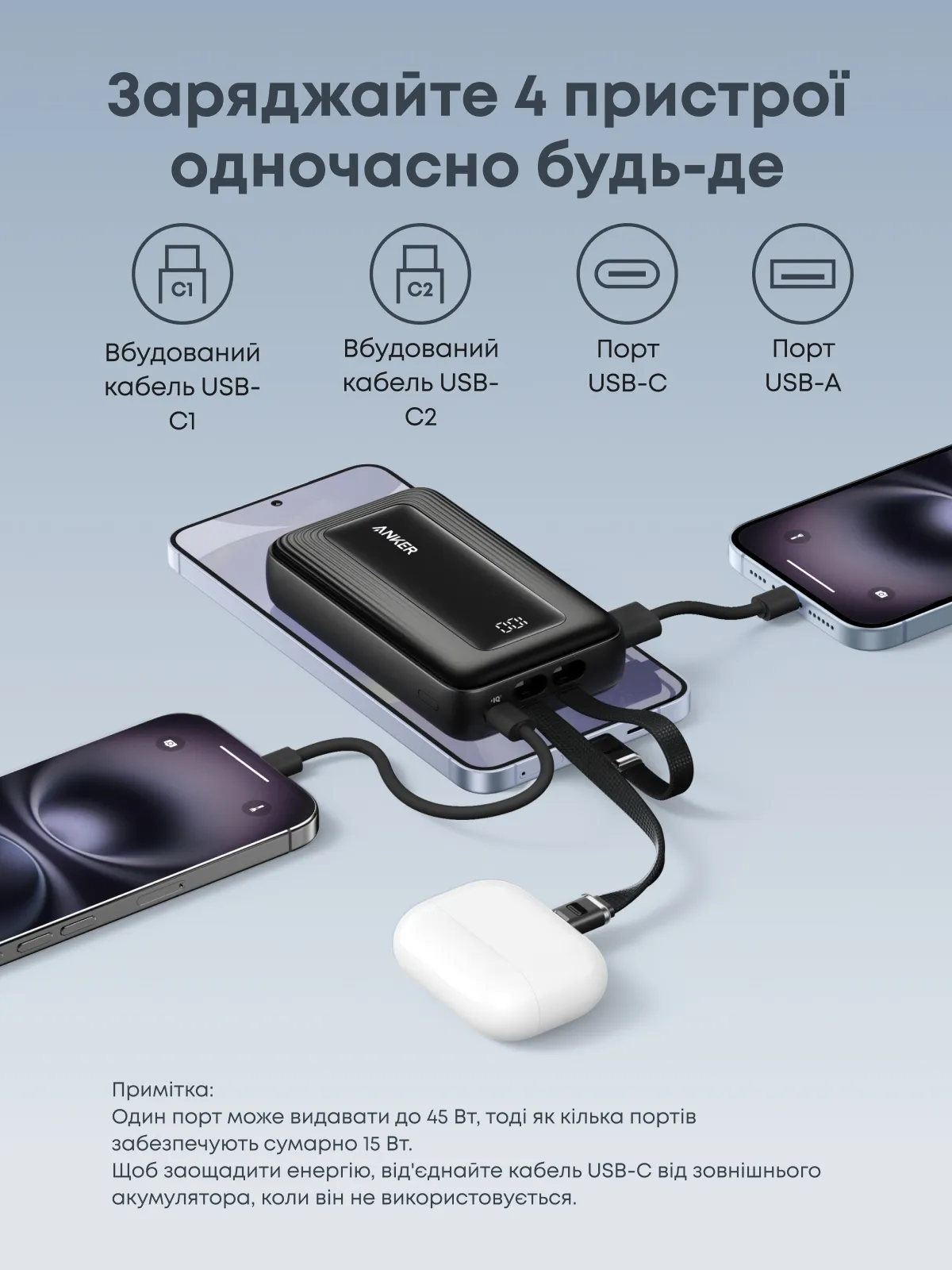 Універсальна мобільна батарея Anker Zolo 20000mAh 45W Black (A110MH12) - мініатюра 5