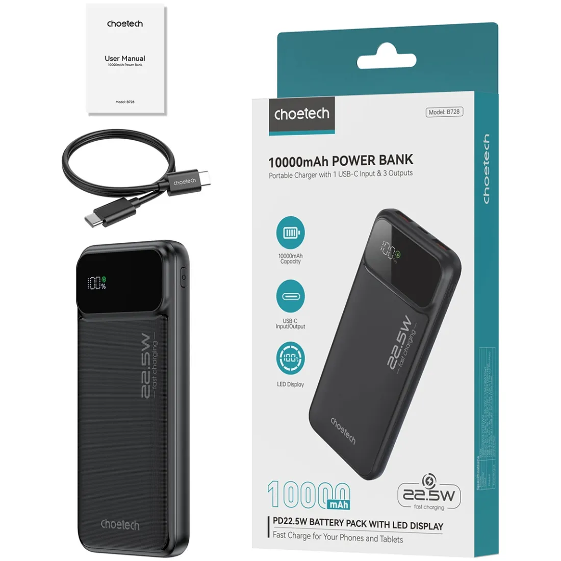 УМБ Choetech 10000mAh 22.5W PD,QC3.0 2USB-A+USB-C Black - мініатюра 3