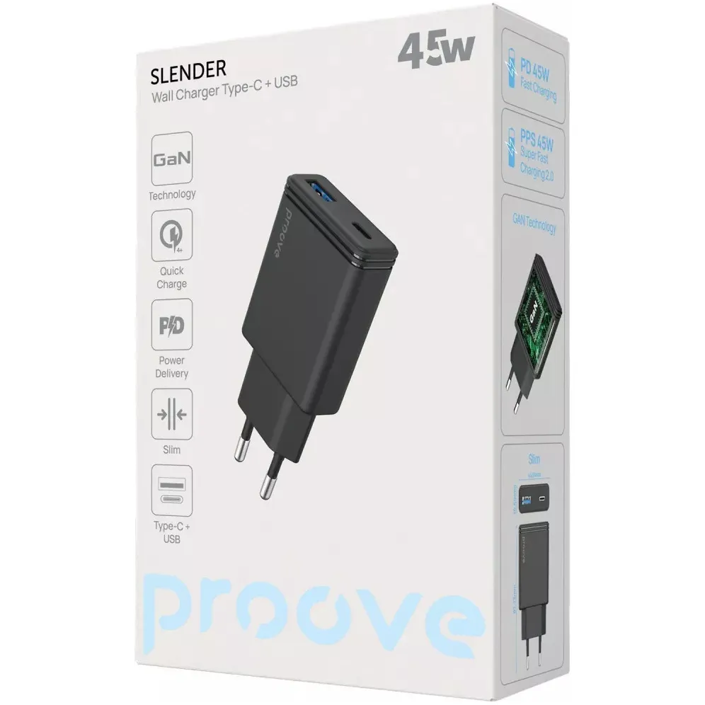 Мережевий зарядний пристрій Proove Slender (1USB-C, 1USB) 45W Black (WCSL45110001) - мініатюра 12