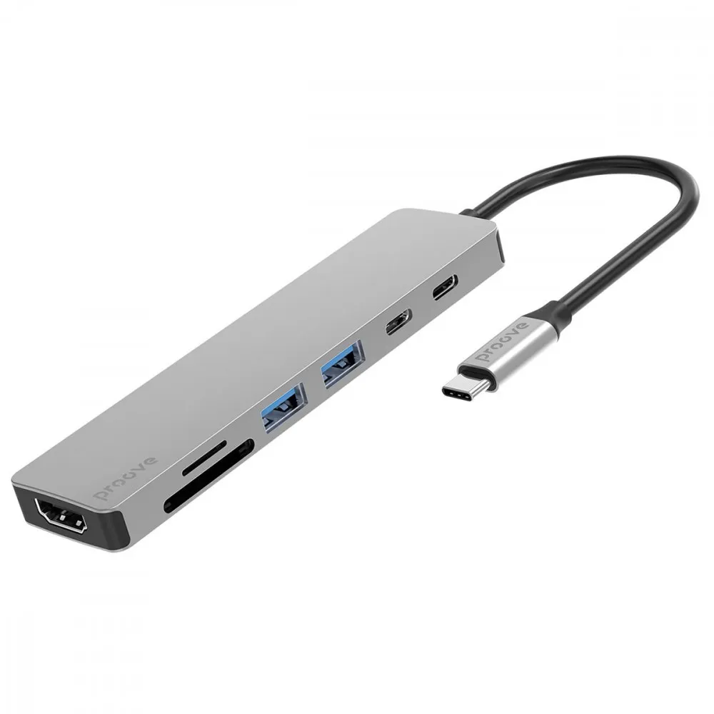 Type-C-Хаб Proove Iron Link 7 in 1 (2*Type-C + 2*USB3.0 + HDMI + SD/TF) (silver) - зображення 1