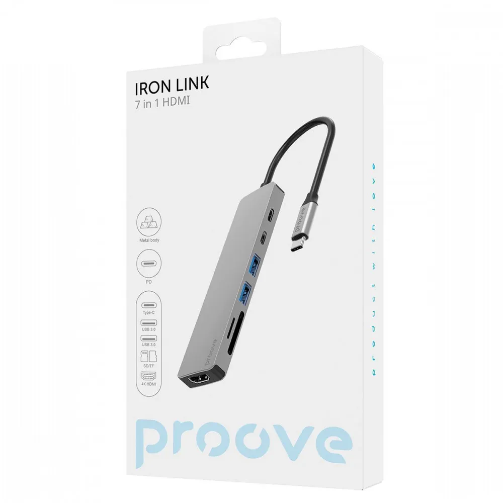Type-C-Хаб Proove Iron Link 7 in 1 (2*Type-C + 2*USB3.0 + HDMI + SD/TF) (silver) - мініатюра 2