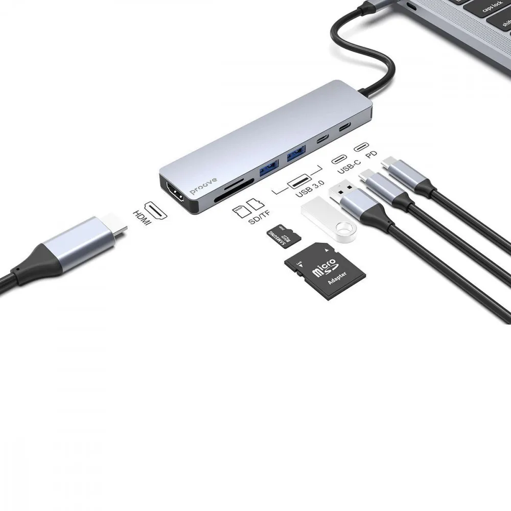 Type-C-Хаб Proove Iron Link 7 in 1 (2*Type-C + 2*USB3.0 + HDMI + SD/TF) (silver) - мініатюра 4