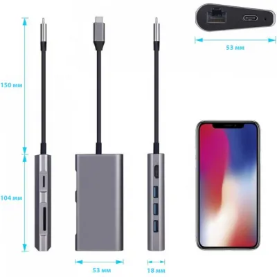Концентратор Dynamode USB3.1 Type-C to HDMI, 3хUSB3.0, RJ45, USB Type-C Female, SD (Dock-USB-TypeC-HDMI-USB3.0-RJ45) - мініатюра 5