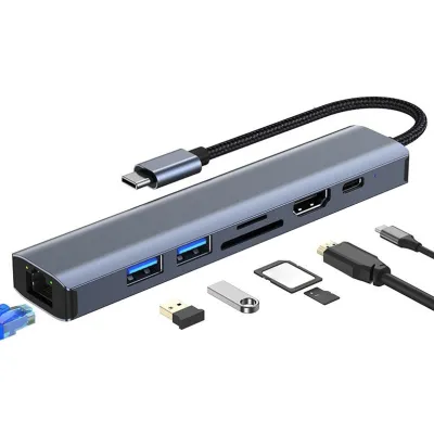 Концентратор Dynamode 7-in-1 USB-C to HDTV 4K/30Hz, 2хUSB3.0, RJ45, USB-C PD 100W, SD/MicroSD (BYL-2303) - мініатюра 2