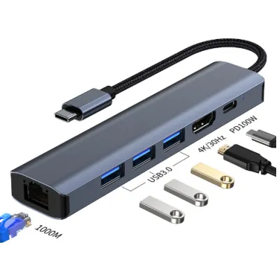 Концентратор Dynamode 7-in-1 USB-C to HDTV 4K/30Hz, 2хUSB3.0, RJ45, USB-C PD 100W, SD/MicroSD (BYL-2303) - мініатюра 3