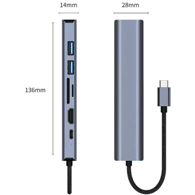 Концентратор Dynamode 7-in-1 USB-C to HDTV 4K/30Hz, 2хUSB3.0, RJ45, USB-C PD 100W, SD/MicroSD (BYL-2303) - мініатюра 5