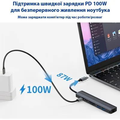 Концентратор Dynamode 7-in-1 USB-C to HDTV 4K/30Hz, 2хUSB3.0, RJ45, USB-C PD 100W, SD/MicroSD (BYL-2303) - мініатюра 8