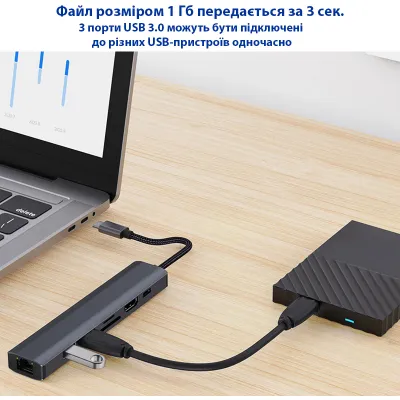 Концентратор Dynamode 7-in-1 USB-C to HDTV 4K/30Hz, 2хUSB3.0, RJ45, USB-C PD 100W, SD/MicroSD (BYL-2303) - мініатюра 9